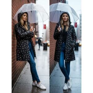 NWT KATE SPADE JACKET S RAINCOAT BLACK PINK DITSY FLORAL FEMININE OUTDOOR RAIN